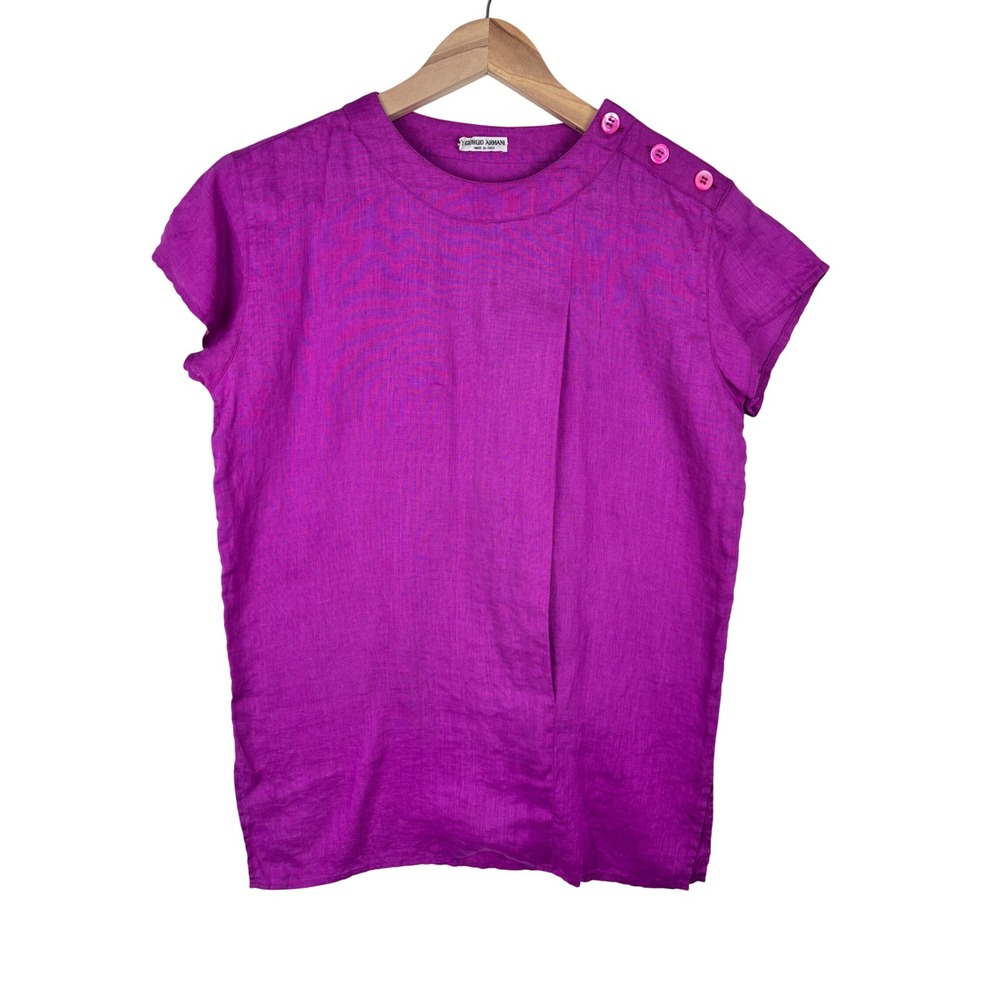 Giorgio Armani XS Flax Linen Top Magenta Purple Button Shoulder Cap Sleeve Italy